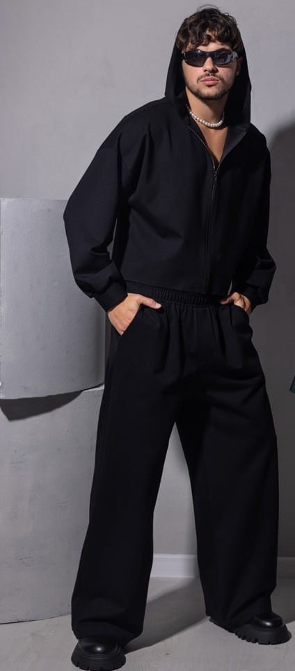 Spodnie męskie Prince - szerokie nogawki, pas gumka, czarne, kieszenie boczne, kieszonka tylna