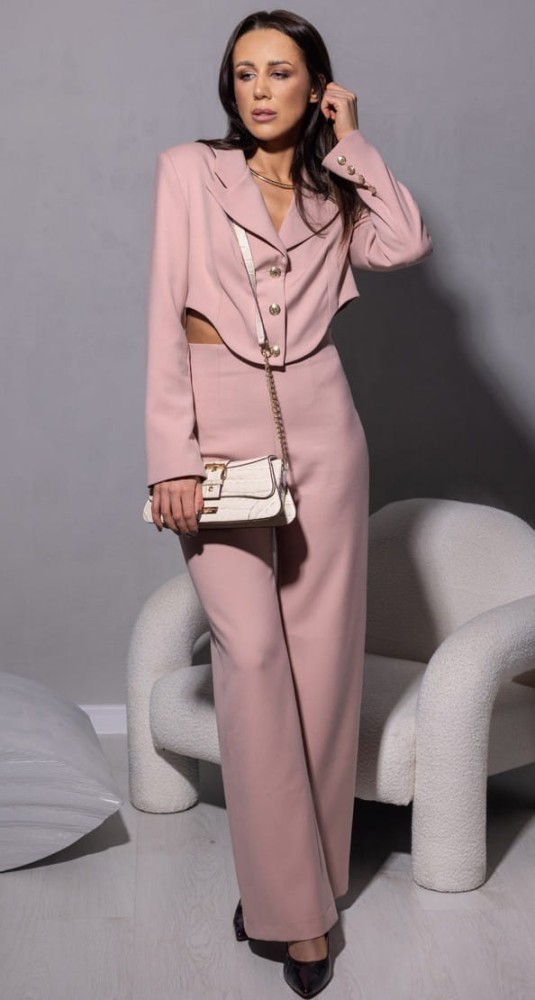 Marynarka damska The Crescent Blush - brudny róż, szerokie ramiona, asymetria, proste rękawy, guziki