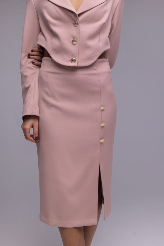 Marynarka damska The Crescent Blush - brudny róż, szerokie ramiona, asymetria, proste rękawy, guziki