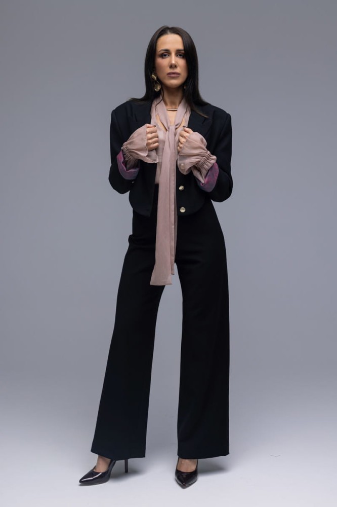 Spodnie damskie The Column - czarne, wysoki stan, eleganckie, proste nogawki, kryty boczny zamek