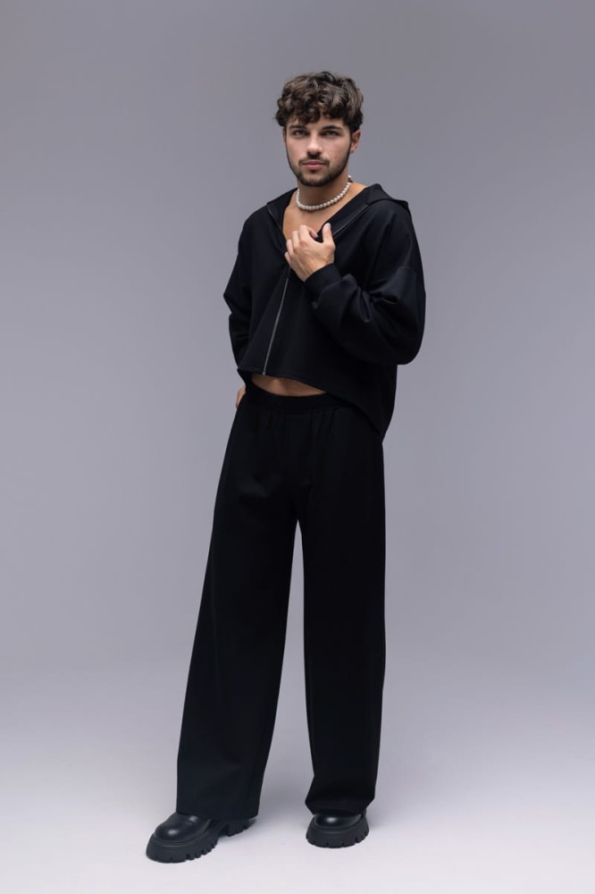 Spodnie męskie Prince - szerokie nogawki, pas gumka, czarne, kieszenie boczne, kieszonka tylna