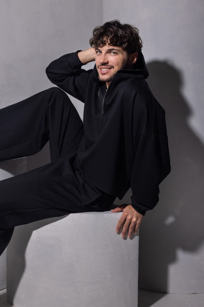 Bluza męska Prince - czarny, szeroka, oversize, szerokie rękawy, zamek, kaptur