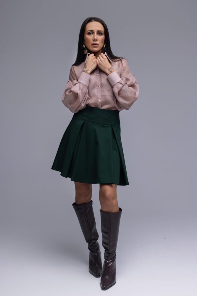 Spódniczka It Girl - krótka, rozkloszowana, głęboka zieleń, kontrafałdy, karczek