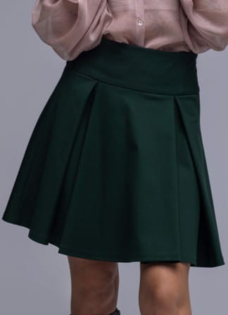 Spódniczka It Girl - krótka, rozkloszowana, głęboka zieleń, kontrafałdy, karczek