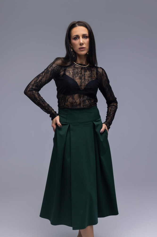 Spódnica Dame - długa, głęboka zieleń, karczek, kontrafałdy, boczne kieszenie w szwie