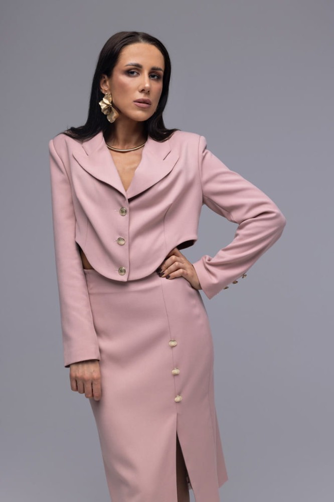 Spódnica The Pensil Rose - brudny róż, wąska, wysoki stan, rozporek z przodu, ozdobne guziki