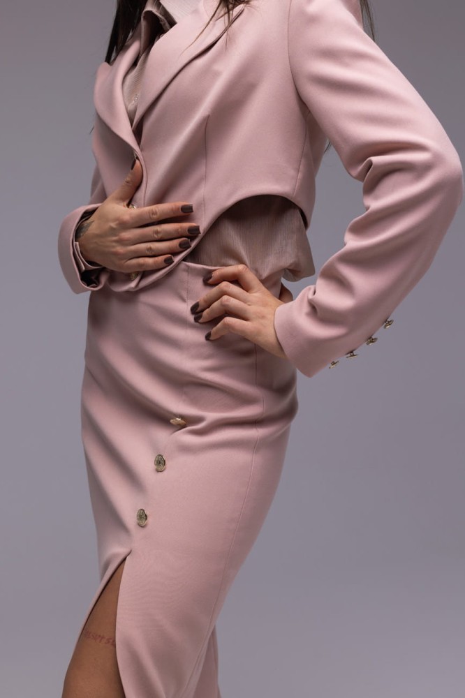 Spódnica The Pensil Rose - brudny róż, wąska, wysoki stan, rozporek z przodu, ozdobne guziki