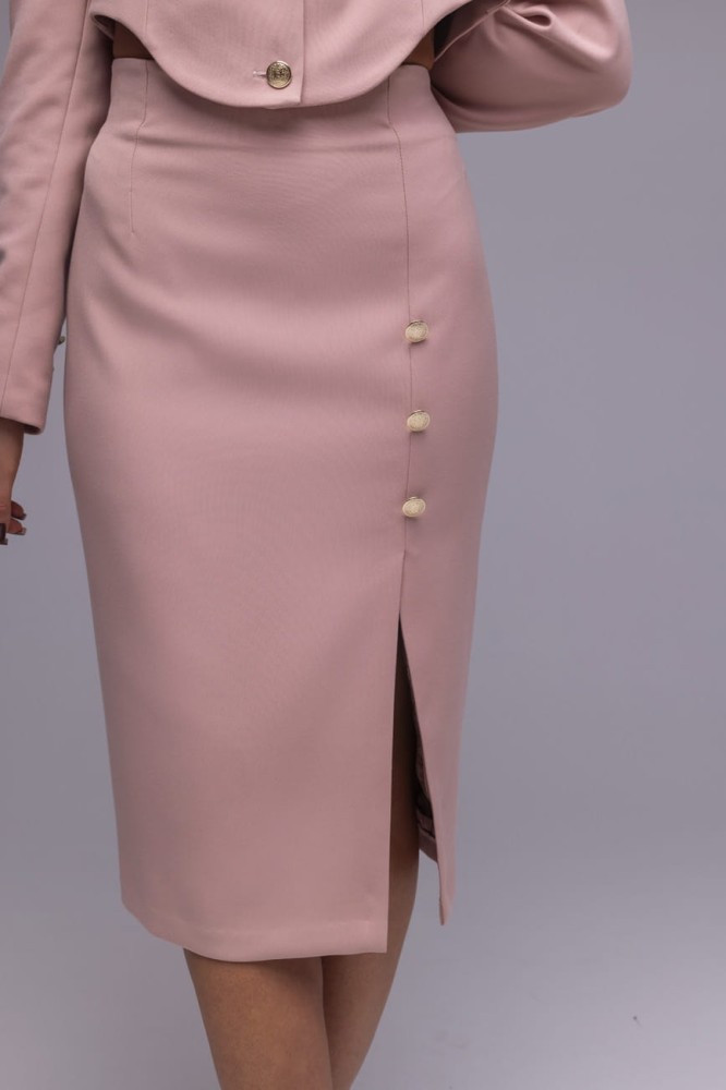 Spódnica The Pensil Rose - brudny róż, wąska, wysoki stan, rozporek z przodu, ozdobne guziki