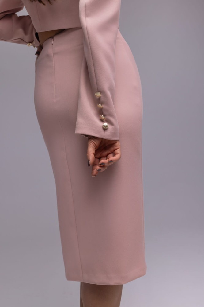 Spódnica The Pensil Rose - brudny róż, wąska, wysoki stan, rozporek z przodu, ozdobne guziki