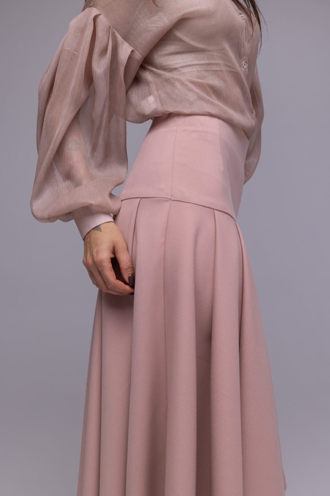 Koszula damska Drama- transparentna, brudny róż, bufiaste rękawy, obniżona linia ramion, usztywniony mankiet i kołnierzyk