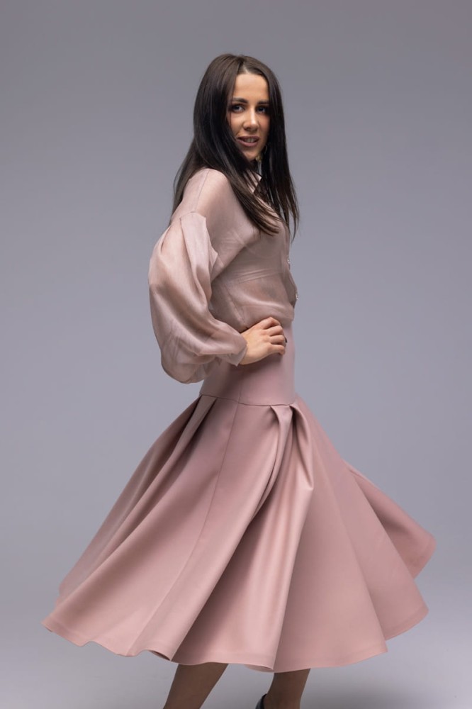 Spódnica Princess - wysoki stan, karczek, kontrafałdy, brudny róż