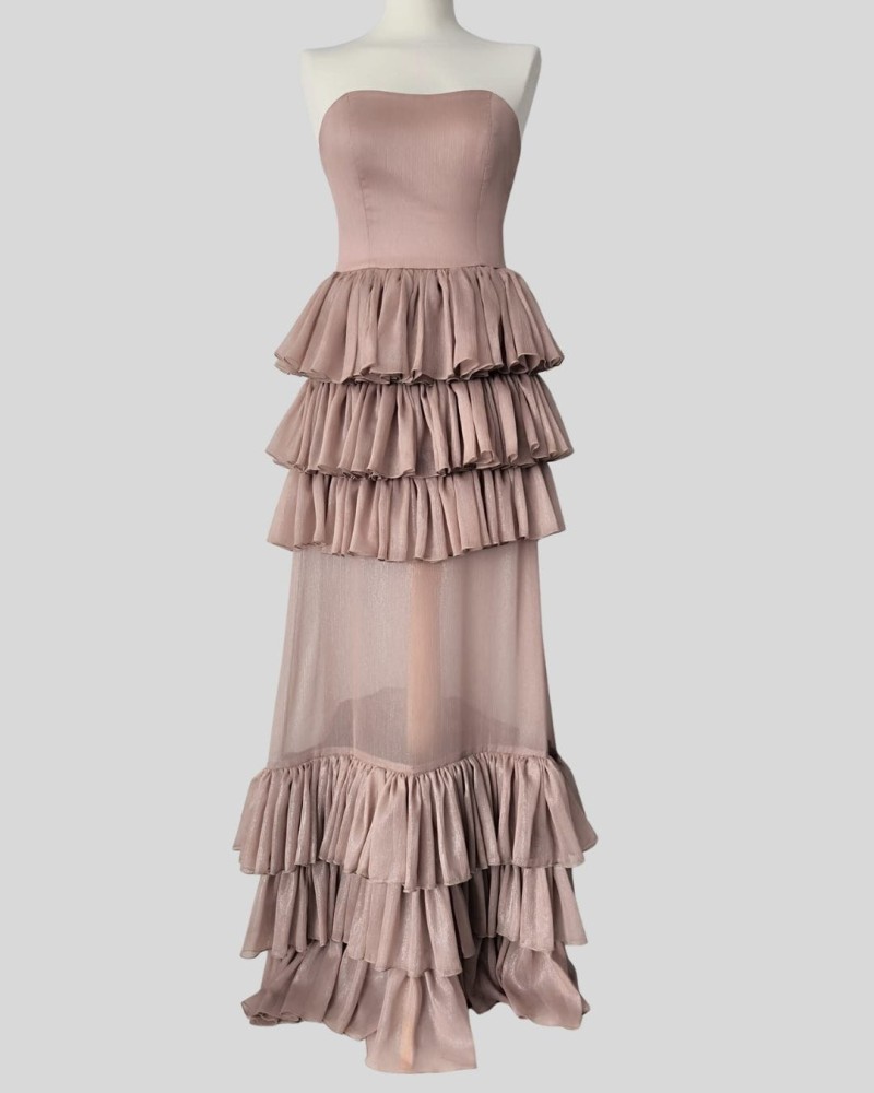 Suknia Rosetta - długa, gorset, falbany, transparentna, brudny róż