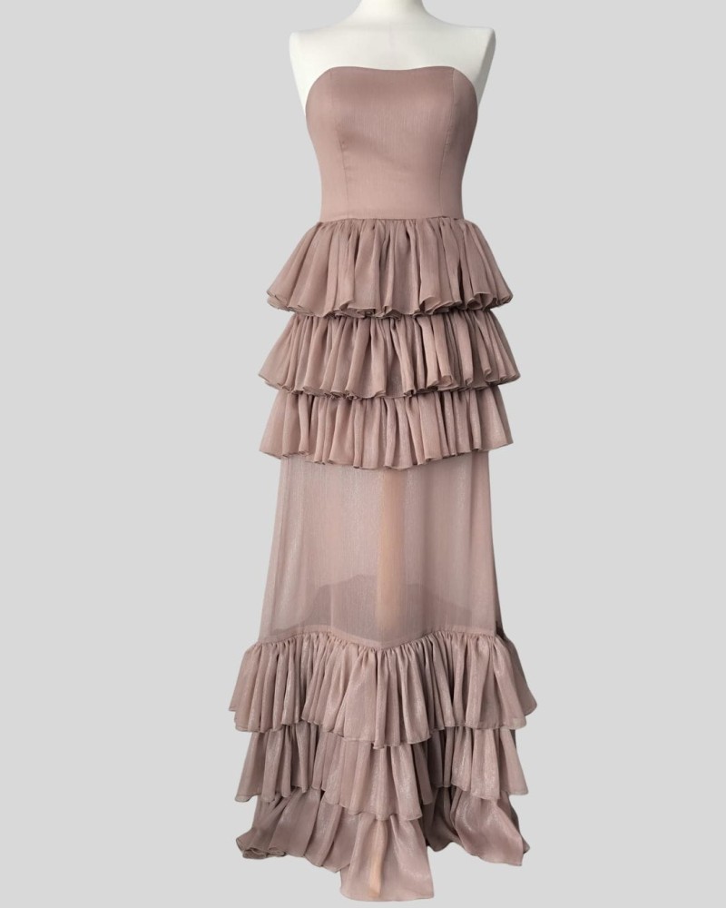 Suknia Rosetta - długa, gorset, falbany, transparentna, brudny róż