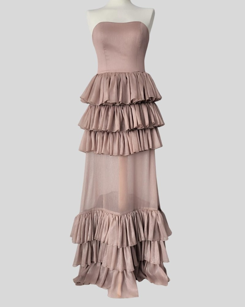 Suknia Rosetta - długa, gorset, falbany, transparentna, brudny róż