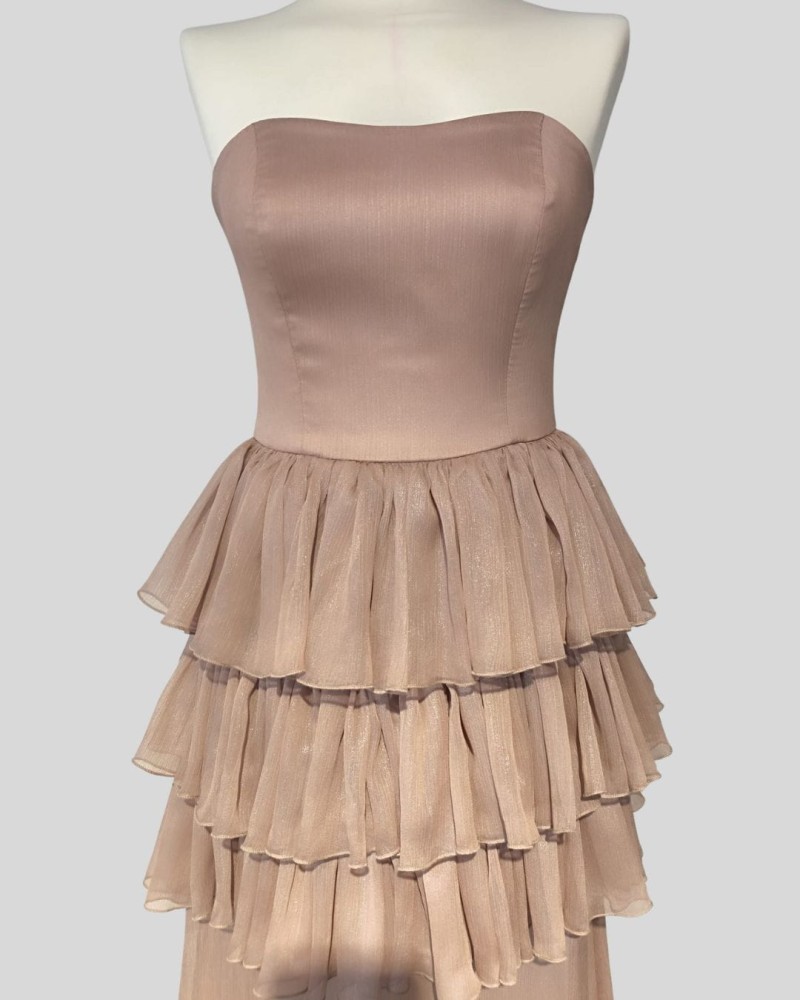 Suknia Rosetta - długa, gorset, falbany, transparentna, brudny róż