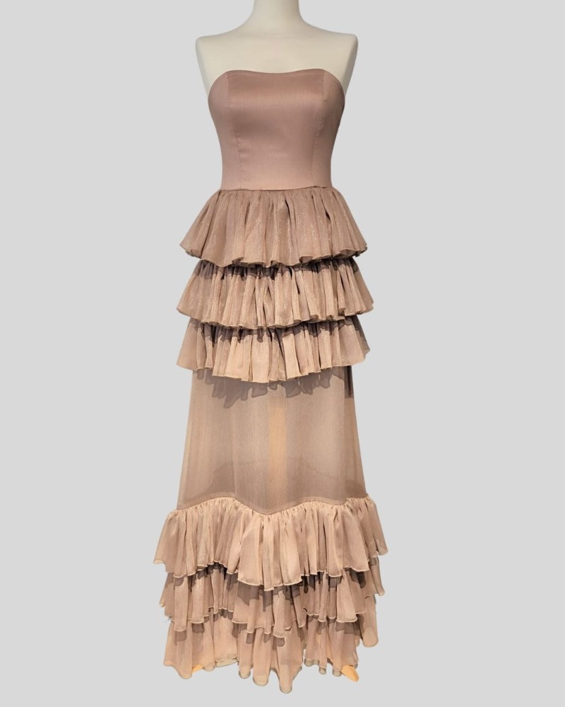 Suknia Rosetta - długa, gorset, falbany, transparentna, brudny róż