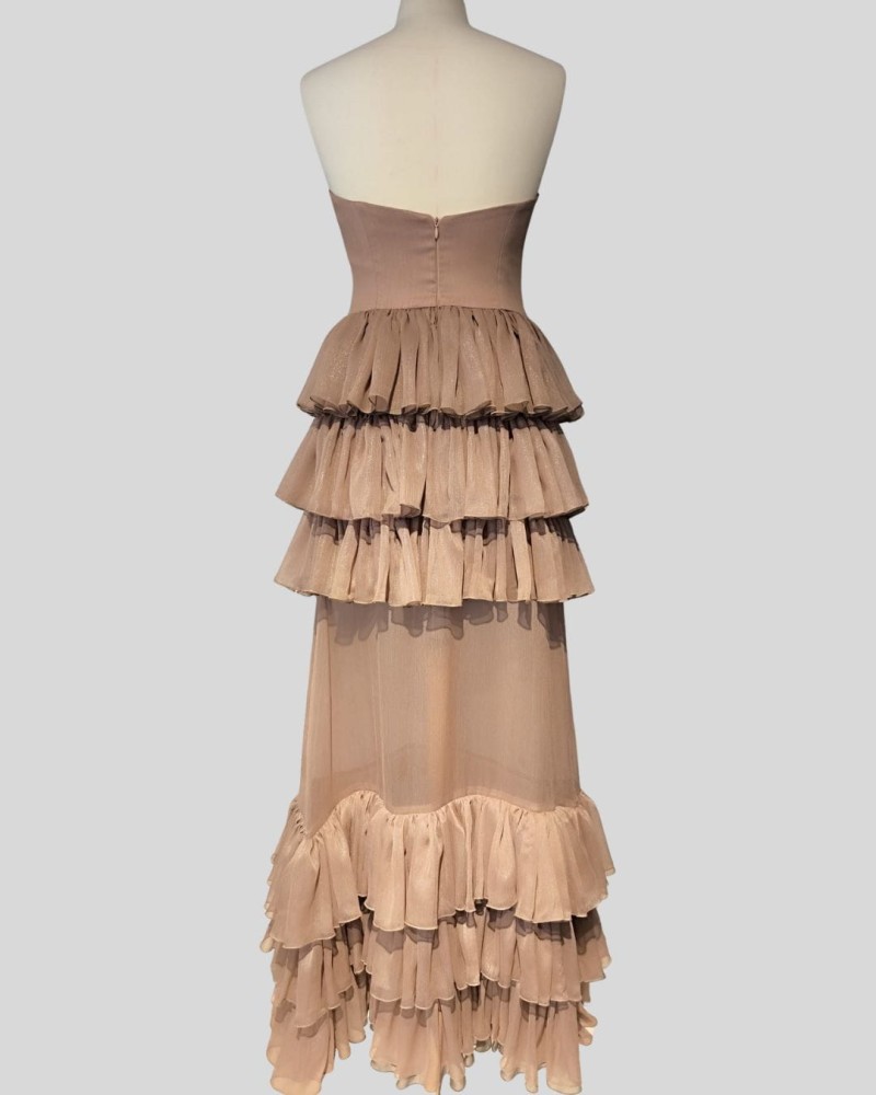 Suknia Rosetta - długa, gorset, falbany, transparentna, brudny róż