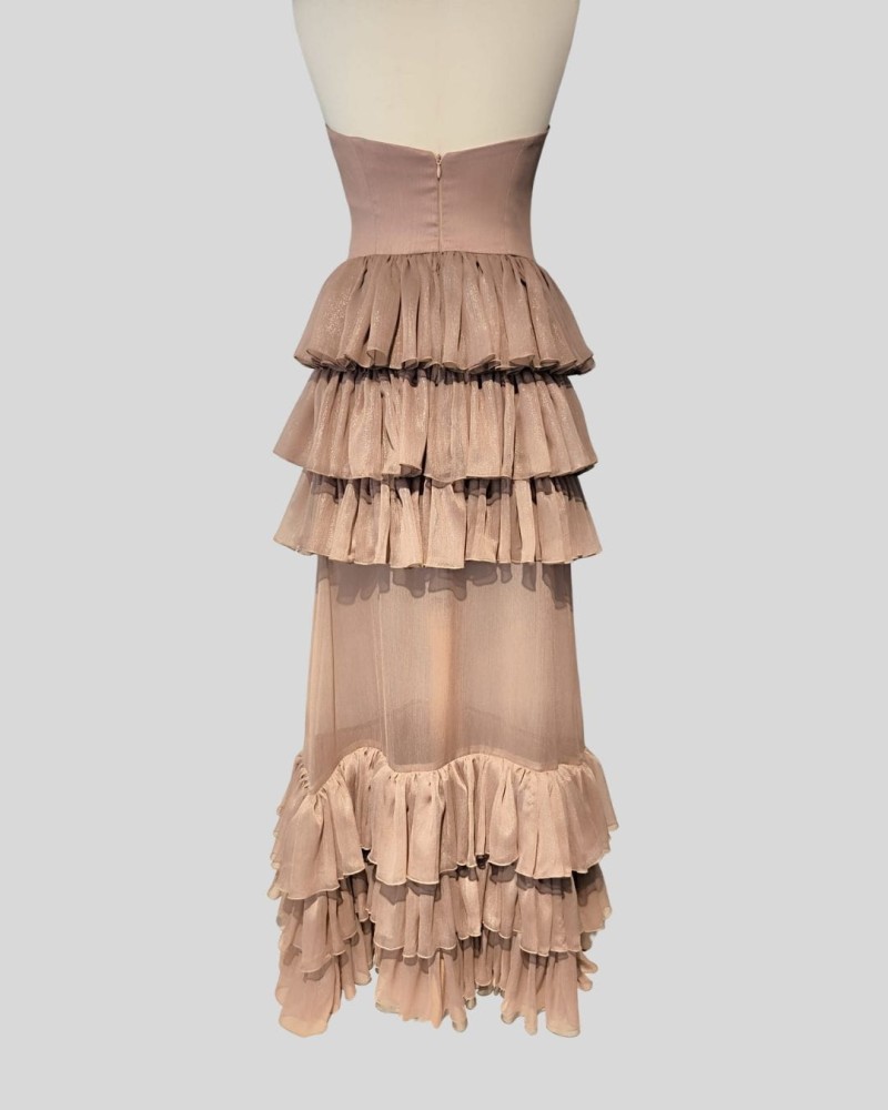 Suknia Rosetta - długa, gorset, falbany, transparentna, brudny róż