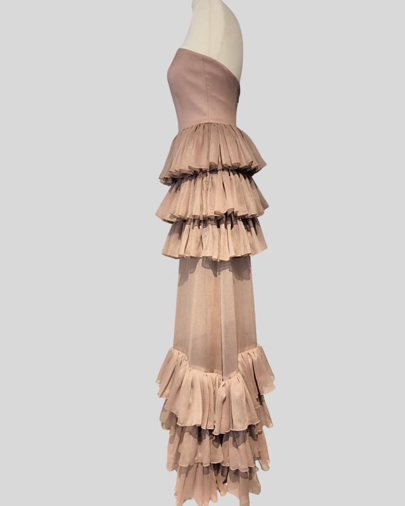 Suknia Rosetta - długa, gorset, falbany, transparentna, brudny róż