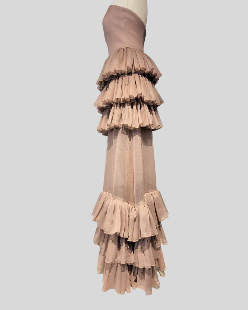 Suknia Rosetta - długa, gorset, falbany, transparentna, brudny róż