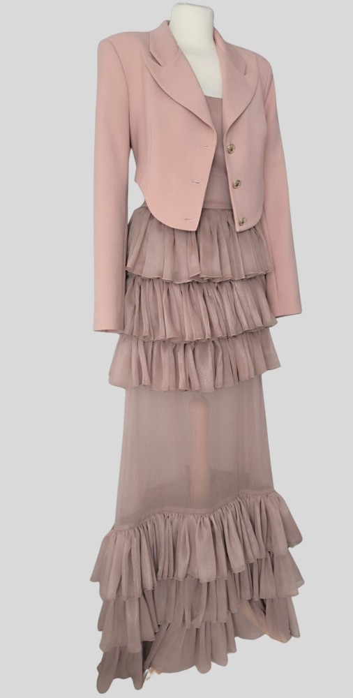 Suknia Rosetta - długa, gorset, falbany, transparentna, brudny róż