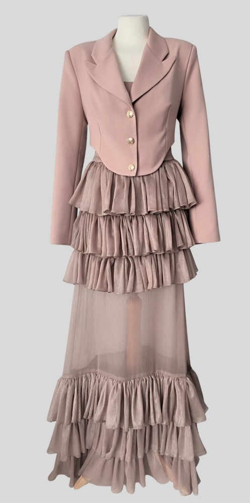 Suknia Rosetta - długa, gorset, falbany, transparentna, brudny róż