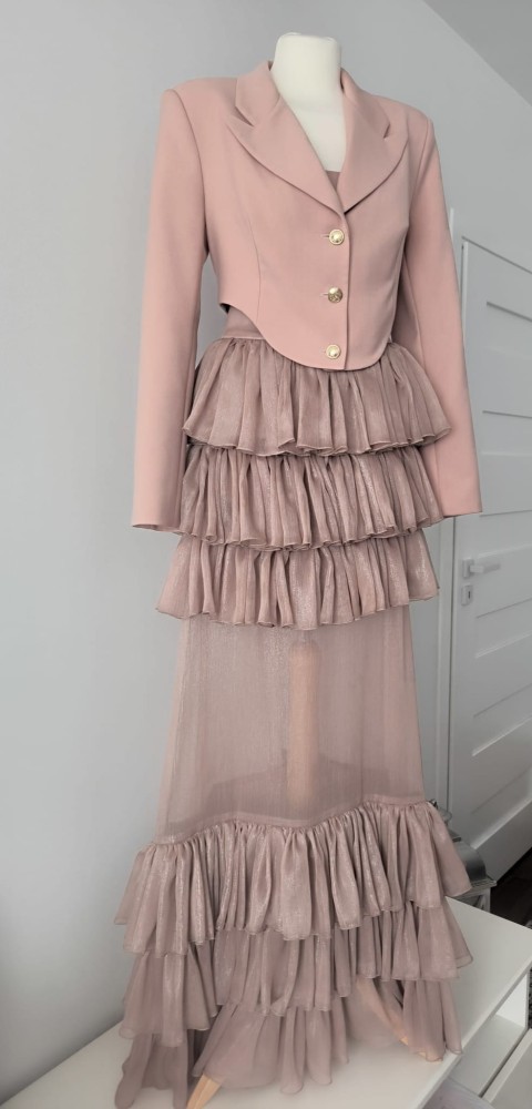 Suknia Rosetta - długa, gorset, falbany, transparentna, brudny róż