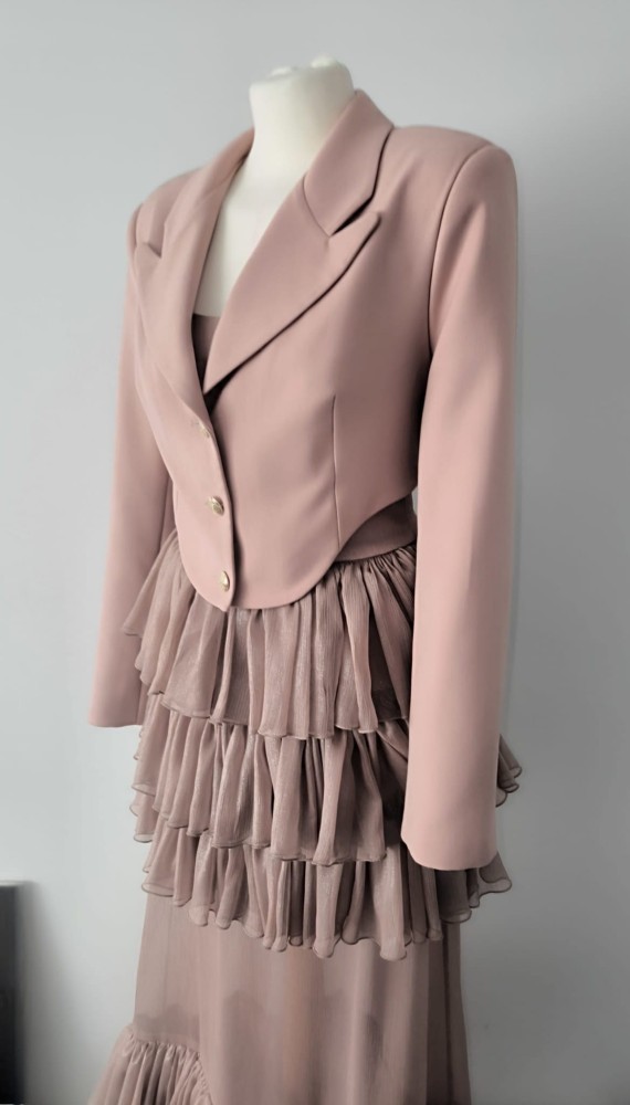 Suknia Rosetta - długa, gorset, falbany, transparentna, brudny róż