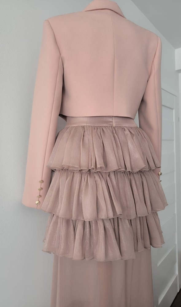 Suknia Rosetta - długa, gorset, falbany, transparentna, brudny róż