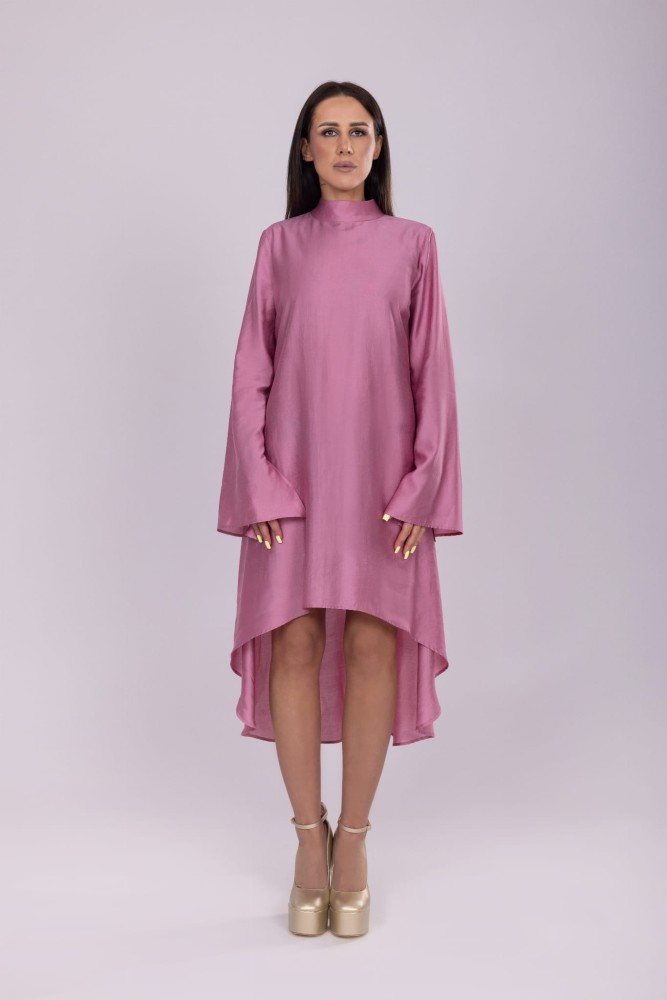 Tunika damska Rosegold - brudny róż, asymetryczna, długi rękaw z rozcięciem, stójka na guziki, lyocell - widok przód