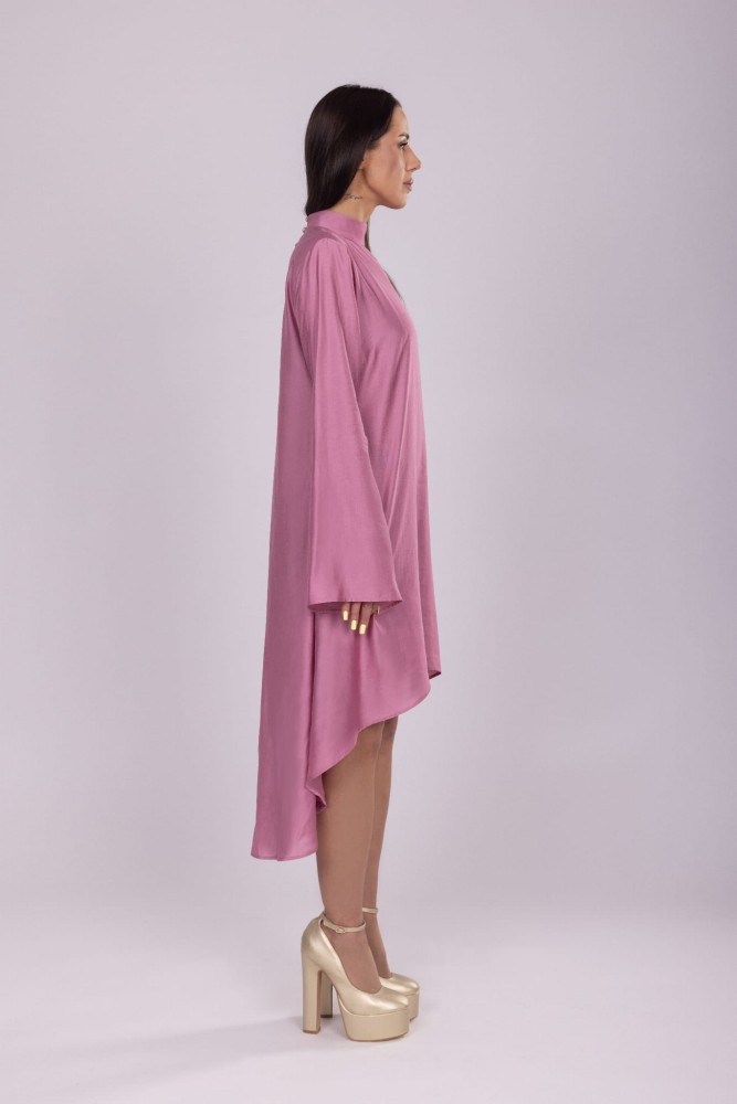 Tunika damska Rosegold - brudny róż, asymetryczna, długi rękaw z rozcięciem, stójka na guziki, lyocell - widok boku