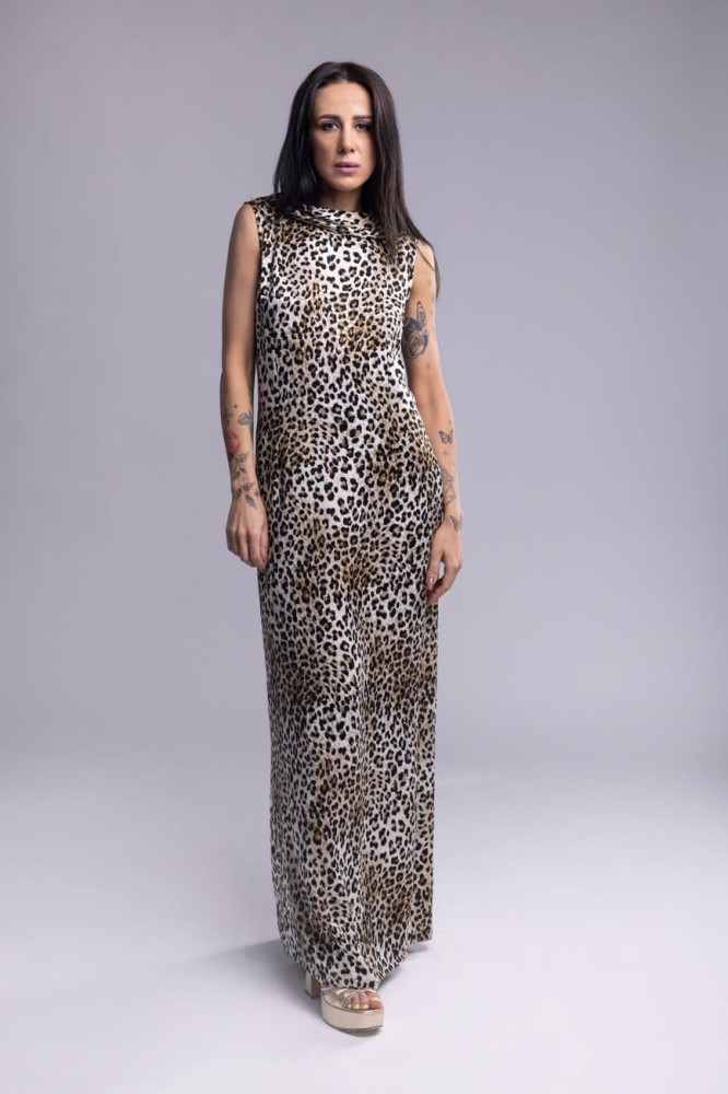 Długa suknia Jaguar Kiss - panterka, z odkrytymi plecami, rozcięcie z tyłu, wiskoza - przód sukni