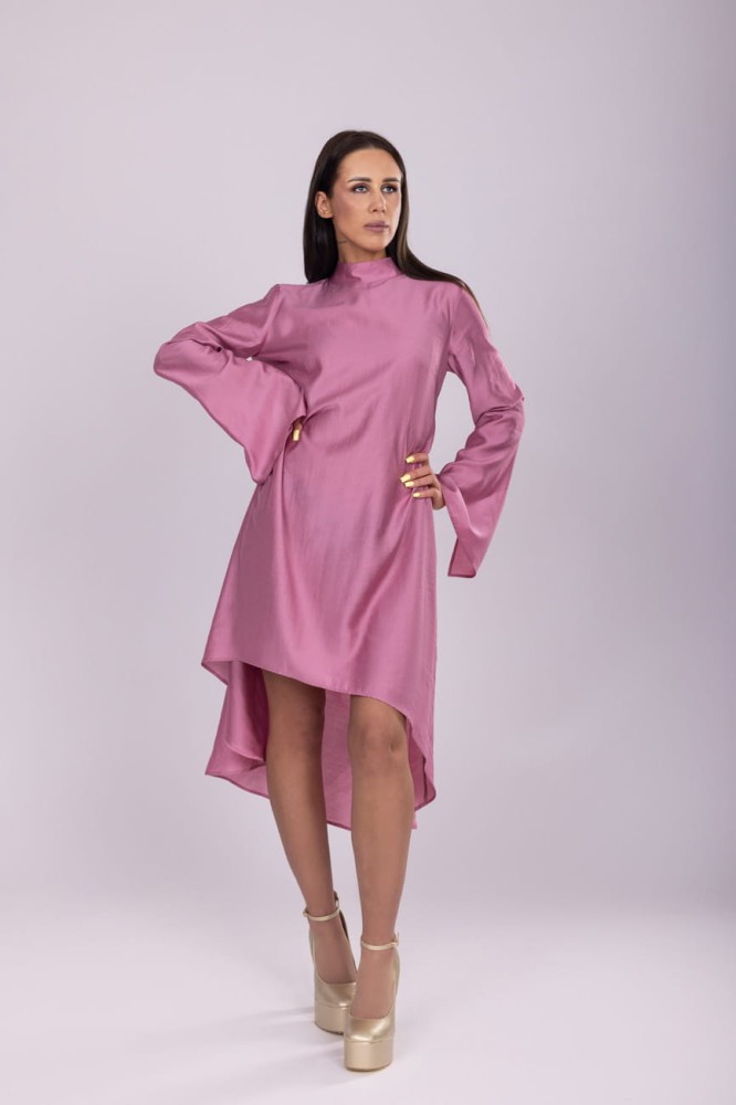 Tunika damska Rosegold - brudny róż, asymetryczna, długi rękaw z rozcięciem, stójka na guziki, lyocell - widok przód