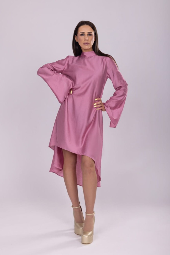 Tunika damska Rosegold - brudny róż, asymetryczna, długi rękaw z rozcięciem, stójka na guziki, lyocell - widok przód