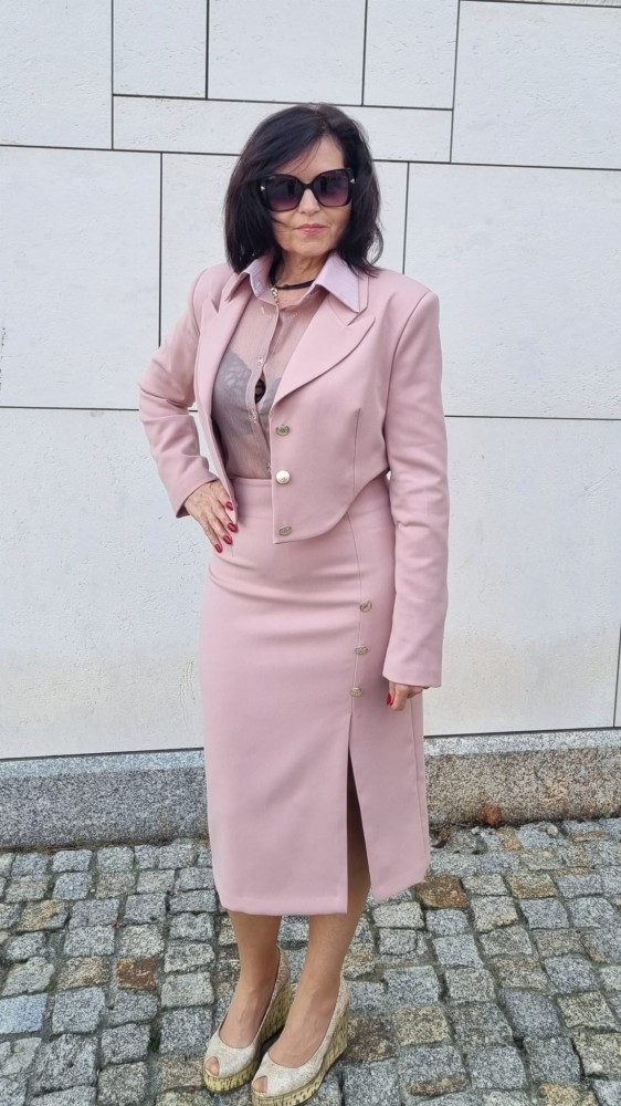 Spódnica The Pensil Rose - brudny róż, wąska, wysoki stan, rozporek z przodu, ozdobne guziki