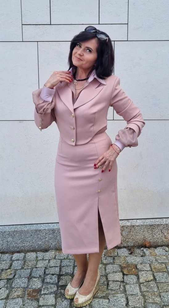 Spódnica The Pensil Rose - brudny róż, wąska, wysoki stan, rozporek z przodu, ozdobne guziki