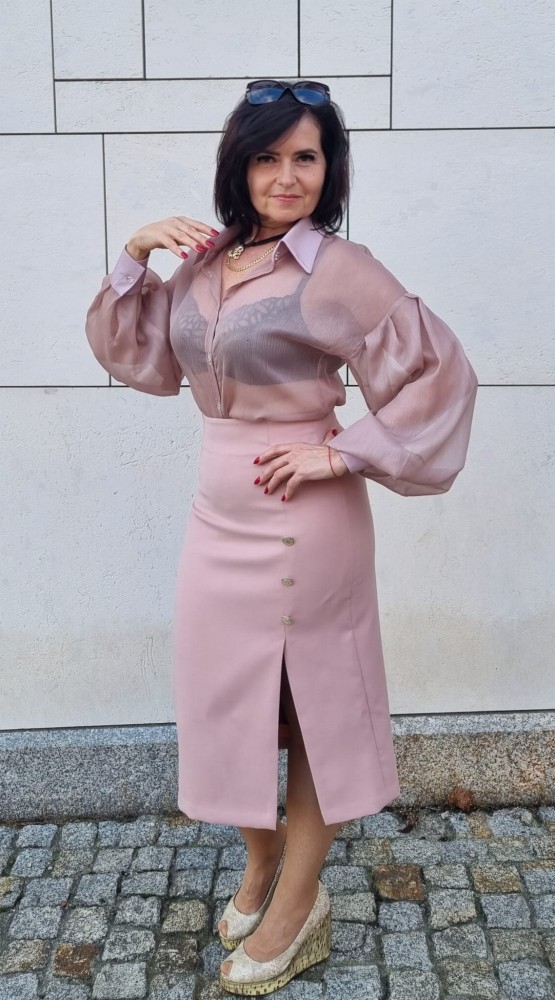 Spódnica The Pensil Rose - brudny róż, wąska, wysoki stan, rozporek z przodu, ozdobne guziki